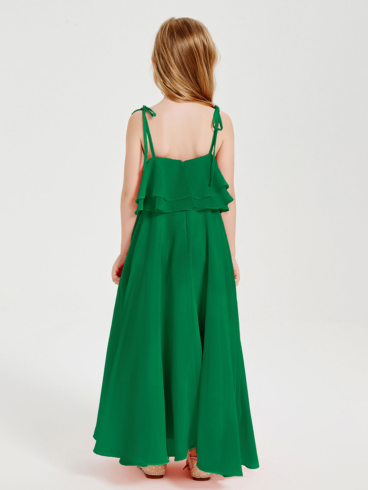 Chiffon Junior Bridesmaid Dresses Long Cascading Skirt Emerald